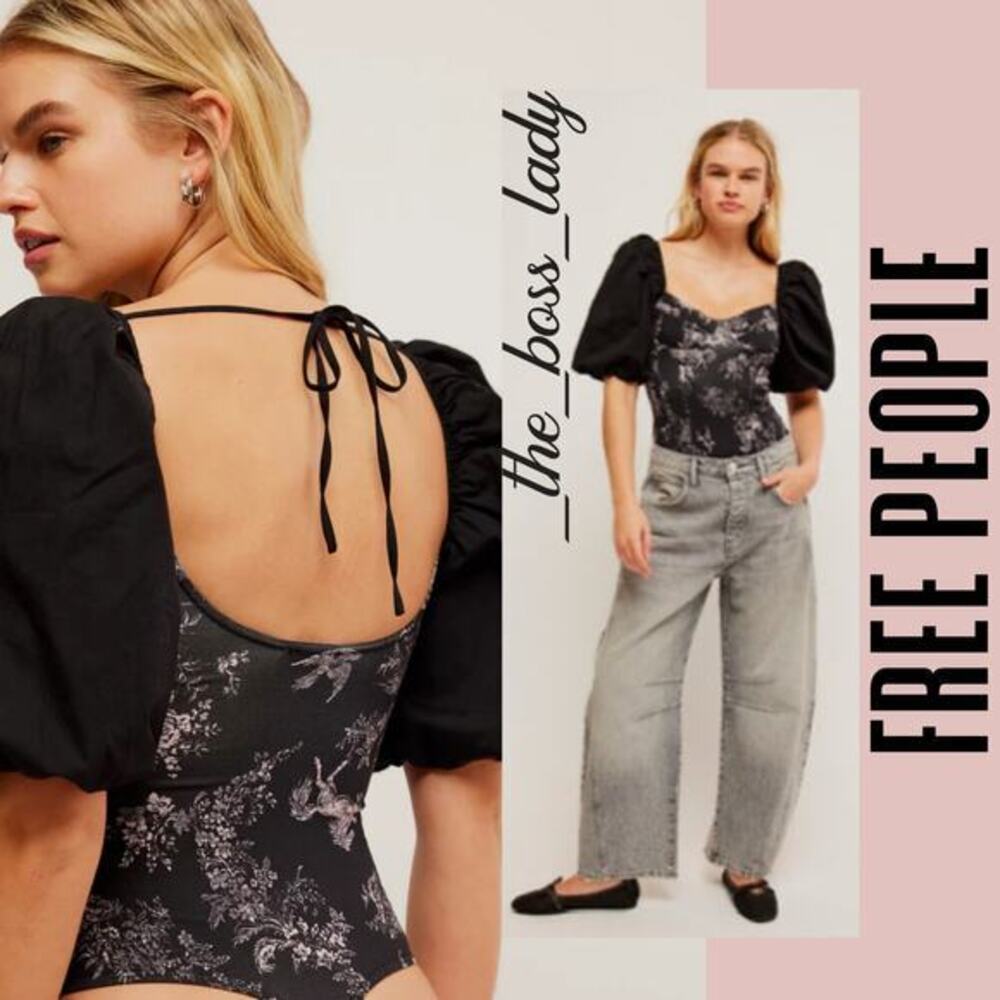 Free People bodysuit floral corset puff sleeves thong bottom Small